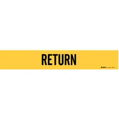 Adhesive pipe marker with yellow background and black legend reading 'Return'. Fits pipe outer diameters from 2-1/2 to 7-7/8 inches. Supplied without arrows. Used to identify return fluid lines in industrial piping systems.