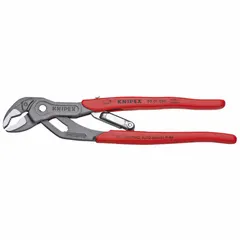 Self-adjusting V-jaw tongue and groove pliers with a 10 in overall length, 1-1/4 in max jaw opening, and 1-1/4 in jaw width. Designed for gripping and turning pipes, nuts, and fittings in plumbing, HVAC, and general maintenance tasks.