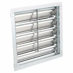 This wall-mount backdraft damper features a single-panel, flat-blade design for horizontal airflow control. It mounts vertically and is suited for use in ventilation systems to prevent reverse airflow when the fan is off. Dimensions: 23 in H x 23 in W x 2 1/2 in D. Maximum air velocity: 2500 fpm.