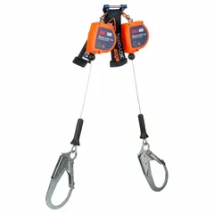 This ANSI Class 2 (2021) SRL-P fall protection device features a steel lifeline and stainless steel rebar hook anchorage end. Designed for overhead or foot-level anchoring, it is RFID-equipped and suitable for construction and industrial work at height where continuous mobility is required.