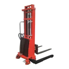 Electric-lift and manual-push straddle stacker with hydraulic lift mechanism. Features adjustable forks 42 in long by 4 in wide, with width across forks adjustable from 19 in to 39-1/2 in. Powered by a sealed lead acid battery. Suitable for lifting and moving palletized loads in warehouses and manufacturing facilities.