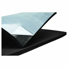 This Buna-N rubber/PVC insulation sheet measures 4 ft by 35 ft with a 1 in thickness and an R-Value of 4. It features a black self-adhesive backing and is plenum rated. Commonly used for thermal and condensation control in HVAC ductwork, piping, and mechanical systems.