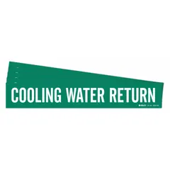 Green adhesive pipe marker with white 'Cooling Water' legend, designed for pipes with outer diameter of 8 inches and larger. Each pack contains 5 markers without arrows, suitable for identifying cooling water lines in industrial piping systems.