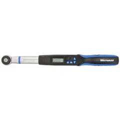 This electronic torque wrench features an interchangeable head design and a 3/8 in drive. It is a centimeter-kilogram type with NIST and TAF certification. Suitable for precision fastening in industrial maintenance, assembly, and repair applications.