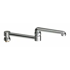 This brass spout with a polished chrome finish features a double-jointed/swivel design for flexible positioning. Includes mounting hardware. Suitable for commercial faucets requiring precise water delivery in kitchens, labs, or wash stations.