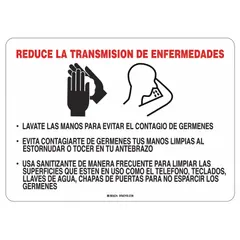 This aluminum sign with a white background displays COVID-19 safety messaging in Spanish. Suitable for workplaces and public areas requiring Spanish-language hazard communication. Nominal size 10 in x 14 in, height 10 in.