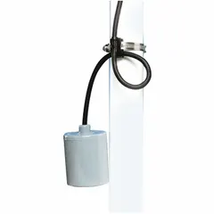 This general-purpose tether float switch is normally open (pump down) and rated for 120V AC at 13 A. It features a piggyback plug electrical connection and a PVC body. A pipe clamp is required for mounting. Suitable for level control in sump, sewage, and effluent applications.
