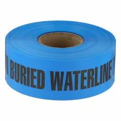 Blue polyethylene underground marking tape, 1000 ft long, imprinted with 'Caution Buried Waterline Below'. Used to identify and protect buried water lines during excavation, providing a visible warning to prevent accidental damage.