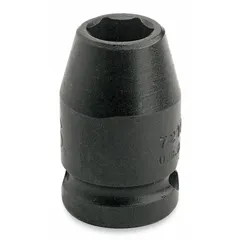 This 3/8" drive impact socket is designed for use with impact wrenches in industrial assembly, automotive repair, and heavy equipment maintenance. It features a 14 mm metric, 6-point standard configuration with a 1-inch overall length. The black oxide finish provides corrosion resistance.