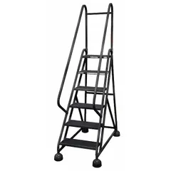 This steel ladder features a weight-actuated auto-lock mechanism that engages when stepped on, preventing movement during use. The 4.5 ft platform height and included handrails provide safe elevated access for tasks such as retrieving stored items or performing overhead maintenance. Finished in black and supplied partially assembled.