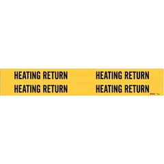Yellow adhesive pipe markers with black legend reading 'Heating Return', designed for pipe outer diameters from 3/4 to 2-3/8 inches. Each pack contains 4 markers without arrows, suitable for identifying heating return lines in piping systems.