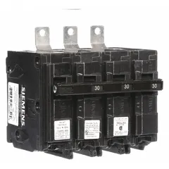 This Siemens BL series miniature circuit breaker is a 30 A, three-pole, shunt-trip device rated for 120/240V AC with a maximum AIR rating of 10kA at 240V AC. Designed for bolt-on mounting in Siemens P1 panelboards, it provides overcurrent protection in electrical distribution systems.