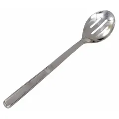 This serving spoon is made of polished stainless steel with a silver finish. It measures 11 3/4 inches in overall length, suitable for reaching into deep serving vessels. Commonly used in food service settings for dishing out portions.