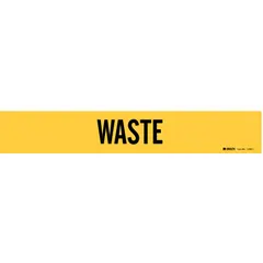 Yellow pipe marker with black 'Waste' legend for identifying waste piping systems. Fits pipe outer diameters from 2-1/2 to 7-7/8 inches. Supplied without arrows. Includes one marker.