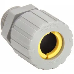 Straight nylon cable grip with 3/4 in MNPT connection for cord diameters from 0.63 in to 0.75 in. Gray body with yellow color-coded grommet. Rated IP66 and Class III, Division 1 & 2 for hazardous locations. Overall length 2 1/8 in.