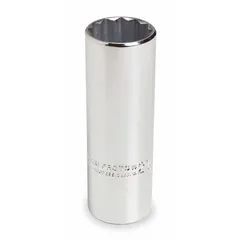 This 1/2" drive hand socket features a 24 mm, 12-point, deep design for turning metric fasteners. Made of chrome, it is suited for manual ratchet or breaker bar use in maintenance and assembly tasks. The 12-point configuration engages square or 12-point fasteners, while the deep profile reaches recessed nuts.