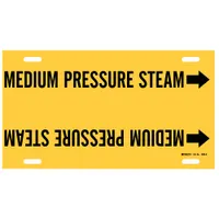 Yellow pipe marker with black legend reading 'Medium Pressure Steam' and directional arrows. Fits pipe outer diameters of 10 to 15 inches. Used to identify medium pressure steam lines in industrial piping systems