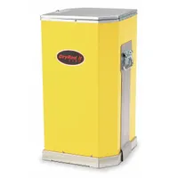 Portable electrode oven for on-site storage and conditioning of welding electrodes. Yellow unit with integrated handles for transport. 50 lb storage capacity. Operates on nominal 240V AC input (also compatible with 120V AC)