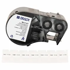 Vinyl wraparound label cartridge for permanent wire identification. White matte finish, 3/4 in x 1/2 in, fits 20 AWG to 10 AWG wire gauge. Compatible with M510 printer series and requires R4300 ribbon. Used for labeling wires in panels, cable trays, and control cabinets.