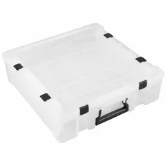 This clear plastic compartmented box features 44 compartments and 15 adjustable dividers for organizing small components. The overall dimensions are 17-1/4 in x 16-3/4 in x 5 in. It is not electrostatic discharge conductive. Commonly used in workshops and assembly areas for sorting fasteners, fittings, and similar parts.