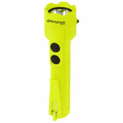 Green polymer flashlight with a maximum beam distance of 170 meters. Requires 3 AA batteries for operation. Suitable for use in hazardous locations where flammable gases or dusts may be present.