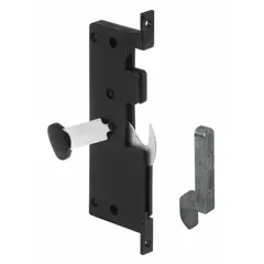 This latch lever and keeper set is designed for screen doors, providing a secure closing mechanism. The set includes both the lever and keeper in an unfinished black finish. Overall height is 3-1/2 inches, overall length is 1-1/8 inches.