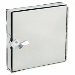 This steel flat access door is designed for rectangular HVAC ducts, providing inspection and maintenance access. It features 24 ga steel construction with fiberglass insulation, a single cam latch, and a tab-in hinge. The door includes an 8 in observation port for visual checks of duct interiors.