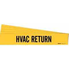 Yellow adhesive pipe marker with black 'HVAC Return' legend, without arrows. Fits pipe outer diameters from 2-1/2 to 7-7/8 inches. Sold in a 5-pack containing one marker per pack. Used to identify return air lines in heating, ventilation, and air conditioning systems.