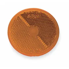 Round amber stick-on reflector with 2 1/2 in diameter, made of acrylic. Meets SAE A standards for side and rear marking on trailers, trucks, and heavy equipment. Self-adhesive backing for quick installation.