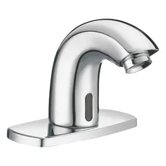Brass construction with chrome finish. Single-post design with plug-in back-check tee. Includes 4-inch center set trim plate. Suitable for touch-free hand washing in commercial restrooms and public spaces.