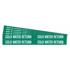 Green adhesive pipe marker with white legend text reading 'Cold Water Return'. Designed for pipe outer diameters from 3/4 to 2-3/8 inches. Pack includes 4 markers, supplied as a 5-pack. Used to identify cold water return lines in piping systems.