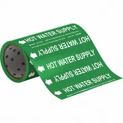 Green adhesive pipe marker with white 'Hot Water Supply' legend and directional arrows. Fits pipe O.D. of 2 inches and smaller. Pack of 30 markers for identifying hot water supply lines in piping systems.