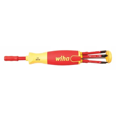 WIHA Multi-Bit Screwdriver: Phillips/Slotted/Square Tip, #1/#2/3 mm/4 mm Tip Size - Insulated Multi-Bit Screwdrivers