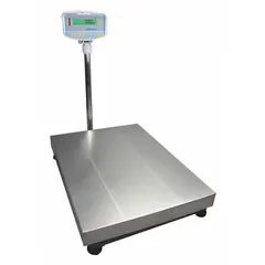 The ADAM EQUIPMENT GFK 300AM is a floor scale with a 300 lb capacity and 0.02 kg/0.05 lb readability. It features an aluminum platform and weighs in pounds. The RS-232 port allows data output to printers or computers. Suitable for industrial weighing in light manufacturing, packaging, and warehouse settings.