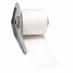 White matte-finish precut label roll for thermal transfer printing. Label height 1/4 in, width 1 29/32 in, roll length 1/4 in. Compatible with BMP71 printer series. Used for durable identification in cryogenic and low-temperature industrial environments.