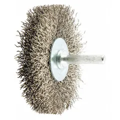 This light-cleaning brush features a crimped stainless steel fill of 0.014" for gentle surface preparation on stainless steel. With a 3" diameter, 1/2" width, and 1/4" shank, it is suited for removing oxidation, light rust, and contaminants without damaging the base metal. Commonly used in fabrication and maintenance for weld cleaning, deburring, and finishing.