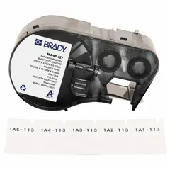 Vinyl, white matte precut label roll cartridge for permanent identification of wires and cables from 20 AWG to 8 AWG. Measures 1 in x 3/4 in and is compatible with the M410 printer series using R4300 ribbon. Suitable for industrial panel building, electrical maintenance, and OEM wire marking applications.
