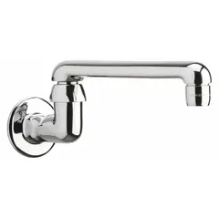 This double-bend faucet spout is constructed of brass with a polished chrome finish. It features a swivel design and includes mounting hardware. The spout delivers a flow rate of 2.2 gpm. Suitable for use in commercial kitchens, laboratories, and janitorial sinks.