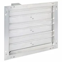 Rectangular motorized control damper with aluminum construction, flat blade design, and 1 1/2 in flange width. Normally open switch action. Rated for 100/240V AC and maximum air velocity of 3500 fpm. Used for regulating airflow in HVAC and ventilation systems.
