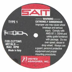 Type 1 cut-off wheel for carbon and stainless steel. Aluminum oxide abrasive, 36 grit, A36T series. Dimensions: 3" diameter, 0.035" thickness, 1/4" arbor hole. Suitable for general metal cutting and maintenance tasks.