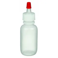LDPE dropper bottle with 125 mL (4 fl oz) capacity, colorless body, and red LDPE cap with integrated dropper. Closure included. Not graduated, no label imprinting. Suitable for precise dispensing of liquids in laboratory, pharmaceutical, and industrial settings.