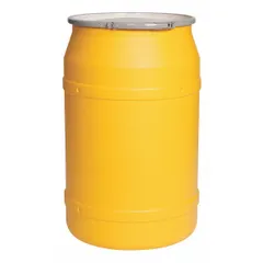55-gallon HDPE overpack drum with open head and metal lever lock ring. Unlined with no interior coating. UN rated 1H2/X200/S for solids and 1H2/Y250/S for liquids. Used for spill containment and cleanup of hazardous materials in industrial and environmental response applications.