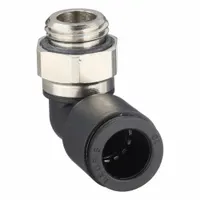 Nylon and nickel-plated brass push-to-connect elbow fitting with 10 mm OD tube connection and 1/4 in male BSPP thread. Used to route compressed air or inert gases at a 90-degree angle in pneumatic and fluid-handling systems. Sold in a 10-pack