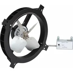 This gable-mount attic exhaust fan is powered by a standard-efficiency electric motor and operates at 120V AC with a current draw of 3 A. It delivers a maximum airflow of 1,320 cfm, suitable for attics up to 1,900 sq ft. The unit includes a thermostat for automatic temperature control and features a plastic dome. It does not include a shutter, humidistat, or fire safety shut-off. Typical applications include residential attic ventilation to reduce heat buildup and moisture.