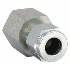 Steel compression fitting adapter with double-ferrule design for leak-tight connections. Connects 3/8 in OD tubing to a 3/8 in FNPT threaded port. Thread size 9/16-20. Compatible with Parker A-LOK fittings. Used in industrial fluid systems for hydraulic, pneumatic, and instrumentation lines.