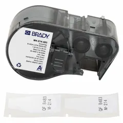 Polyester flag labels with white gloss finish, measuring 1 in x 2 in. Each roll contains 140 precut labels. Designed for use with BMP53 printer series and R6000 ribbon. Suitable for on-demand identification and organization of equipment, cables, and panels in industrial environments.