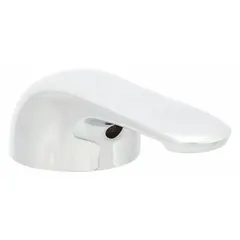 Cast metal lever handle with chrome finish for hot and cold water faucets. Includes set screw for mounting. Compatible with Delta brand faucets.
