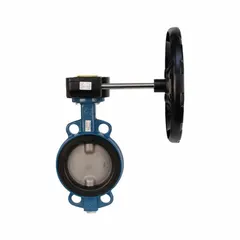GHIBSON Butterfly Valve: 14 in Pipe Size, Concentric, 250 psi Max. Pressure (CWP), Wafer, EPDM (MPN GN500S-14). Key specifications — Brand: GHIBSON; Handle Type: Gear Operated Handwheel; Disc Material: Stainless Steel.