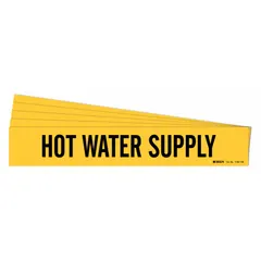 Yellow adhesive pipe markers with black legend reading 'Hot Water Supply'. Designed for pipes with outer diameter of 8 inches and larger. Each pack contains 5 markers without arrows. Used to identify hot water supply lines in industrial piping systems.