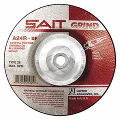 General purpose depressed center grinding wheel for carbon and stainless steel. Aluminum oxide construction with 24 grit for rapid material removal and blending. Dimensions: 4-1/2" diameter, 1/4" thickness, 5/8"-11 arbor. Series A24R.